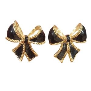 Kenneth Jay Lane for Avon Vintage Black Enamel Gold Tone Bow Stud Earrings KJL
